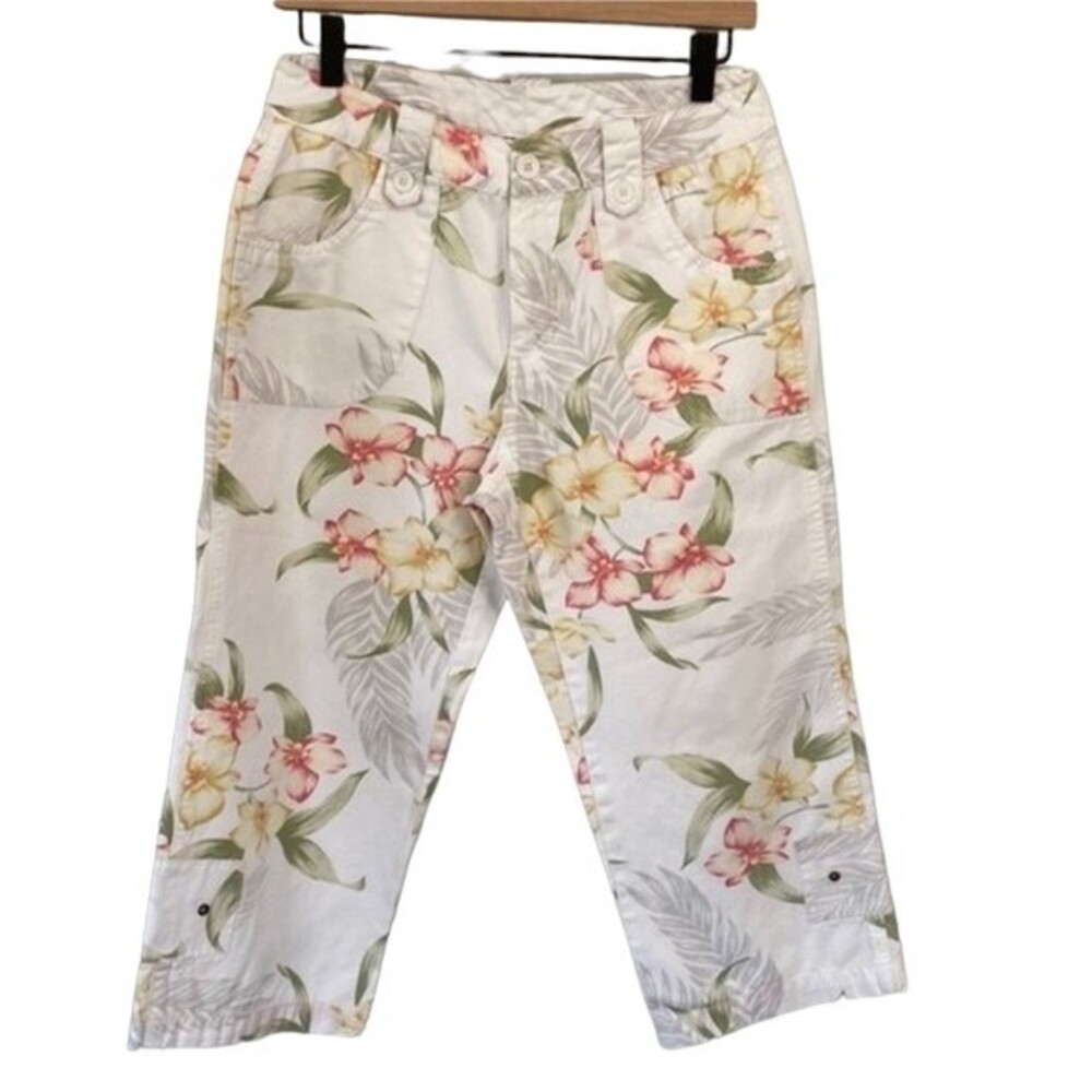 CARIBBEAN JOE Tropical Floral Cropped Utility Jeans Cotton Colorful Vacation